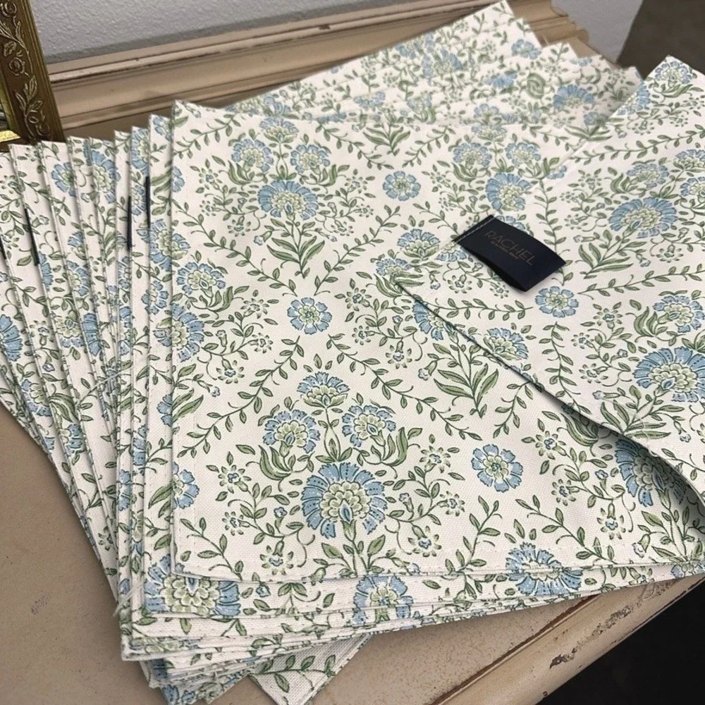 Rachel Roy Shabby Chic Floral Damask Blue Green White Placemats, Set of 12